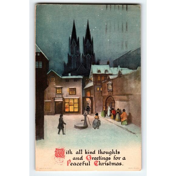 Vintage 1923 Christmas Postcard Winter Village Scene by Wolf & Co. - Picture 1 of 2